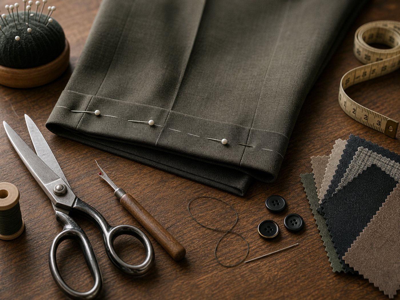 Pinned trouser hem, shears, chalk, buttons, and measuring tape on a tailor workbench