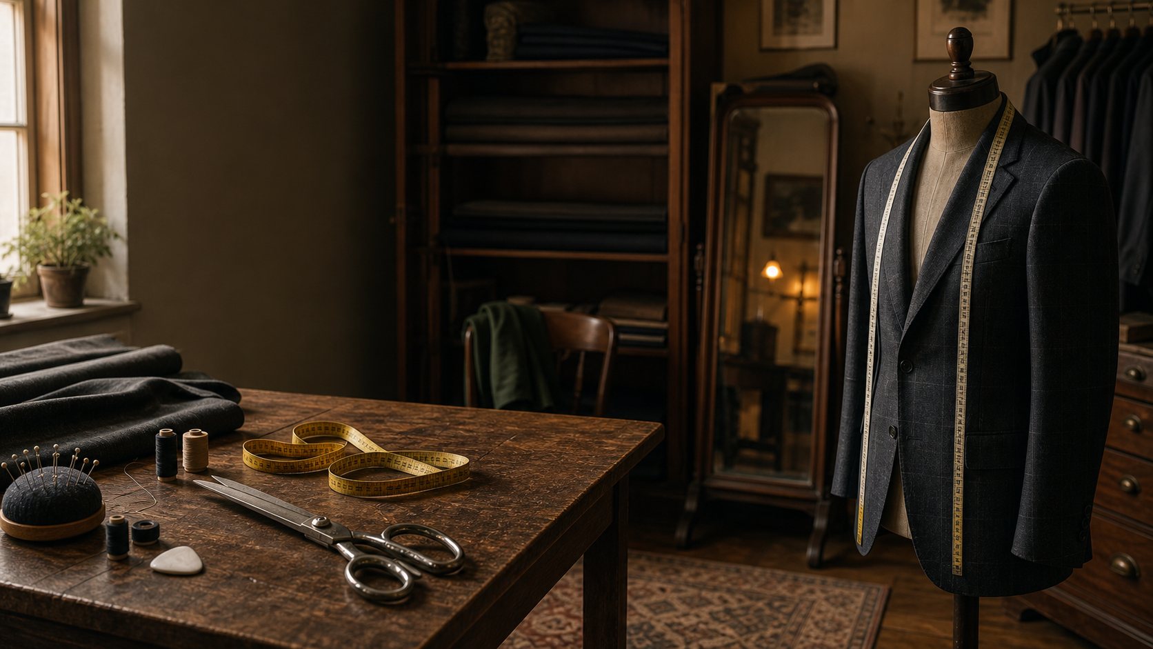Warm tailor shop interior with a suit jacket, fabric, and tailoring tools