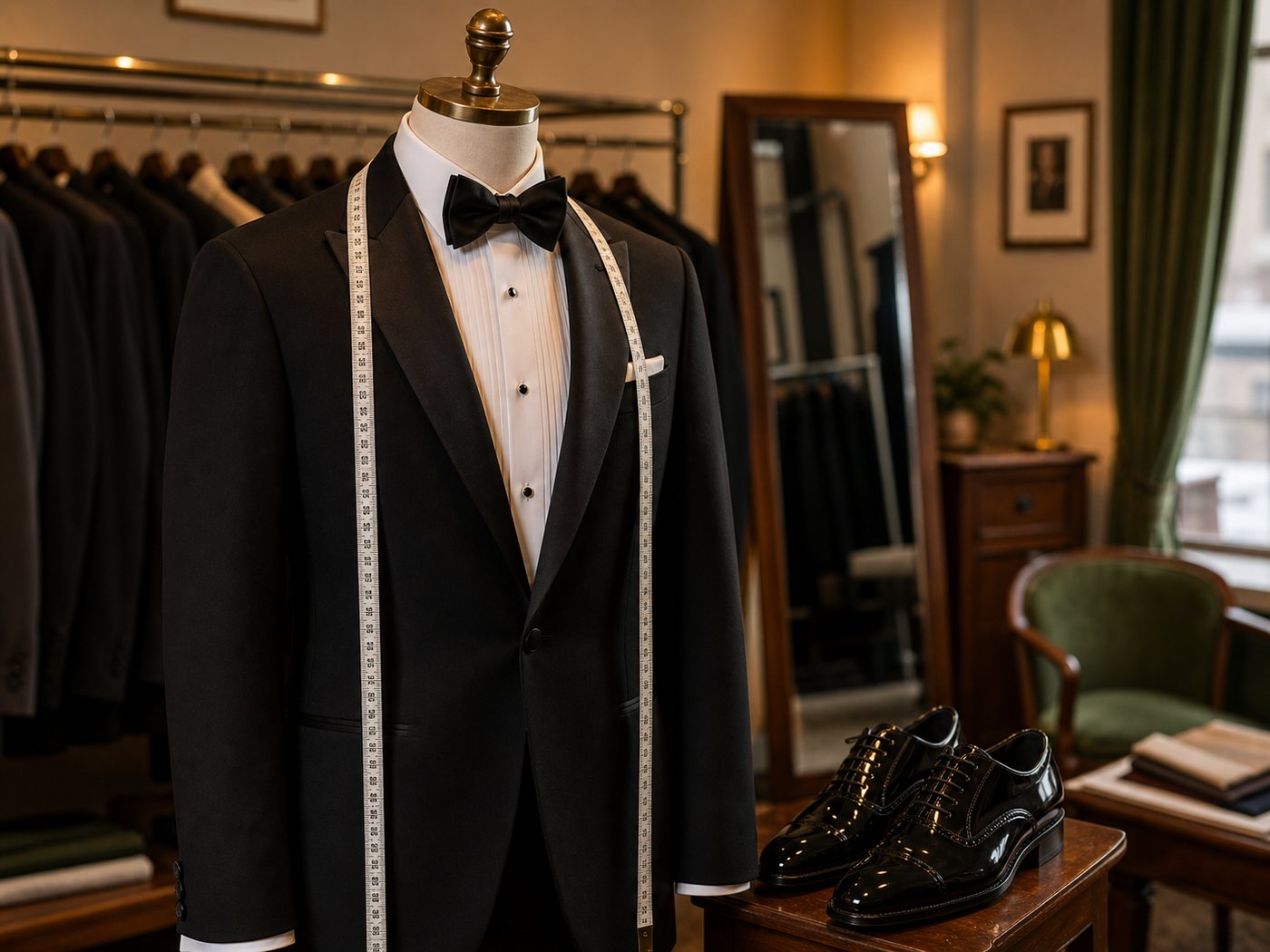 Tuxedo jacket, bow tie, dress shirt, shoes, and measuring tape in a fitting area